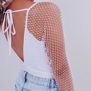 RIKI MESH RHINESTONE SLEEVE BODYSUIT - WHITE